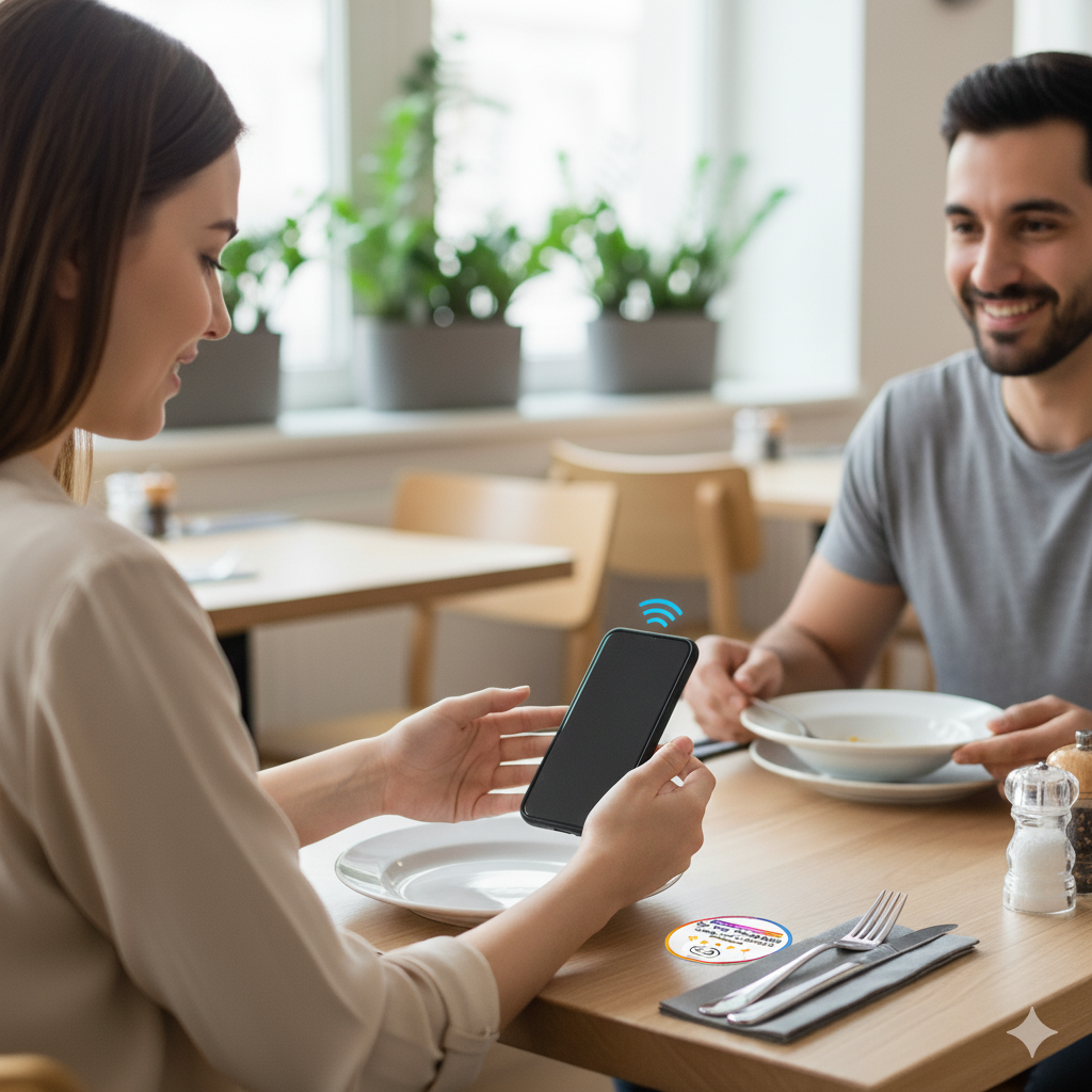 A hand tapping a phone to an NFC tag